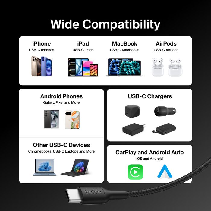 Belkin USB-C til USB-C 240W Flettet PCR Ladekabel 3m - Svart