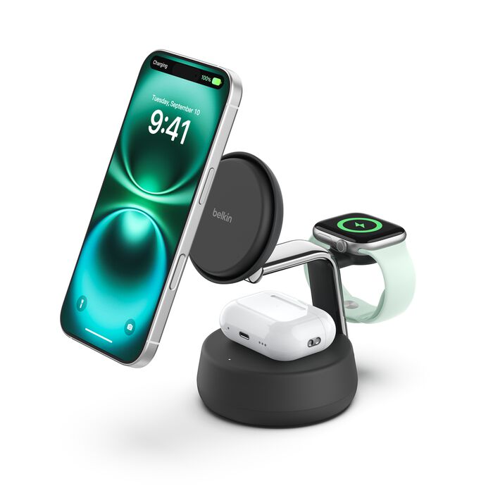 Belkin UltraCharge Pro 3-i-1 Qi2 Ladestativ - Kullsvart