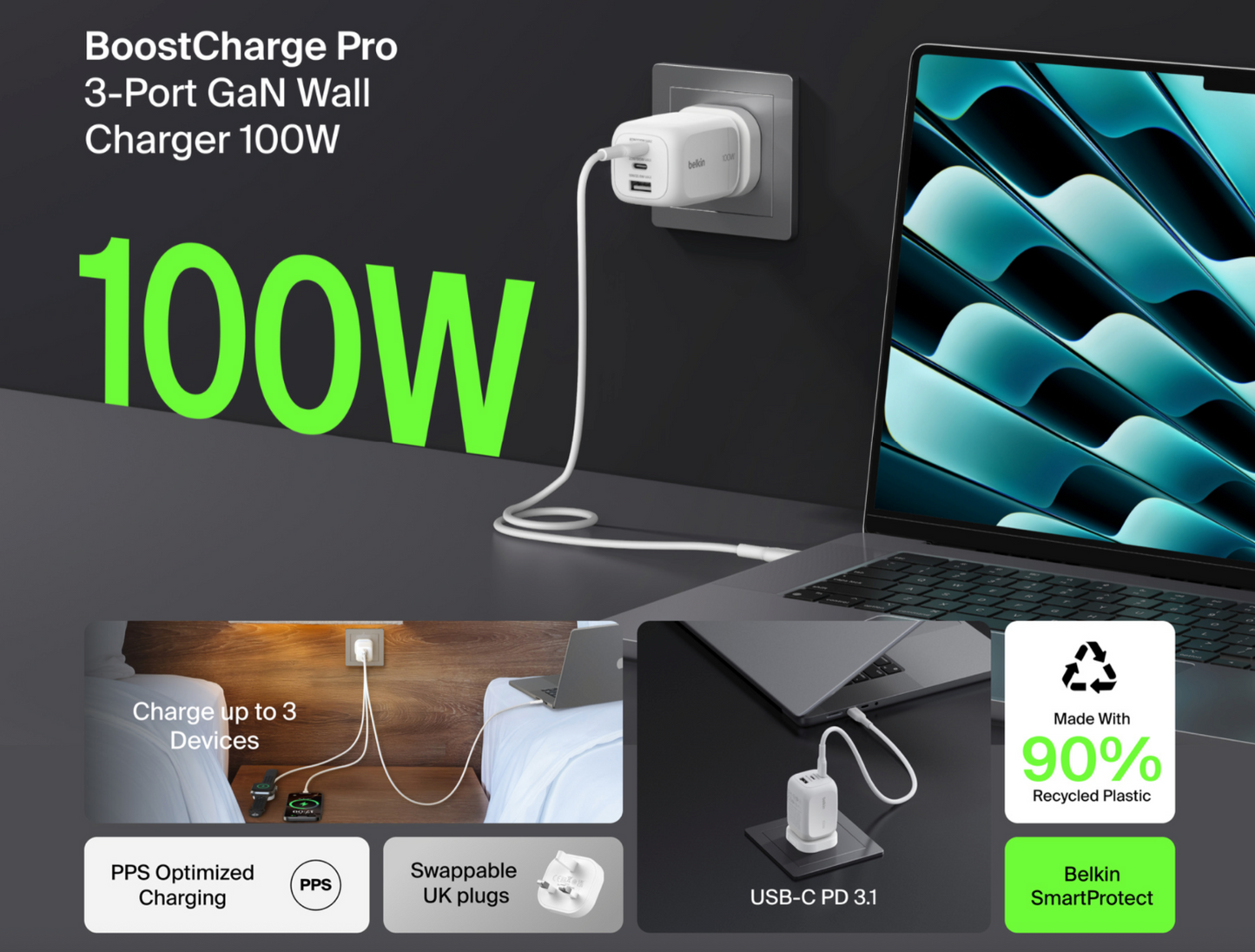 Belkin 100W 3-port BoostCharge Pro Vegglader